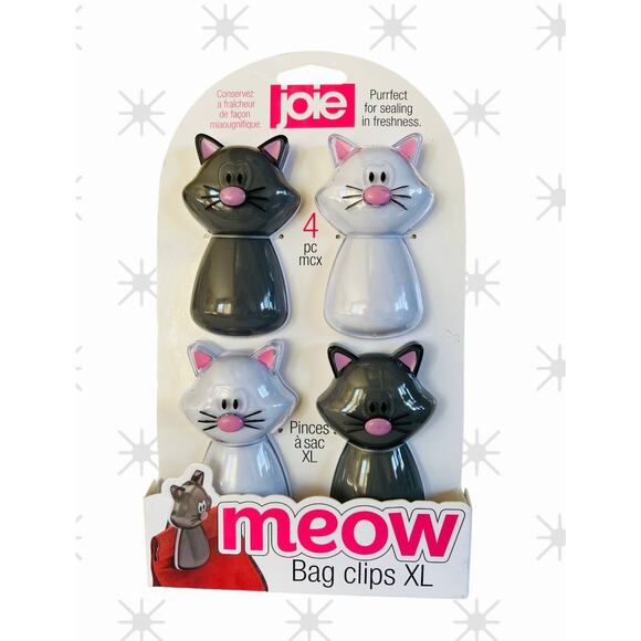NEW Joie Kitchen Gray & White Cat Kitten XL 4 piece Chip Catnip Kitty Clip Set - Picture 1 of 2